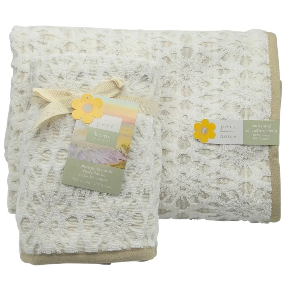 Peri Home 4pc Floral Embossed Cotton Towels Set 2‎ Bath 2 Hand Ivory Beige
